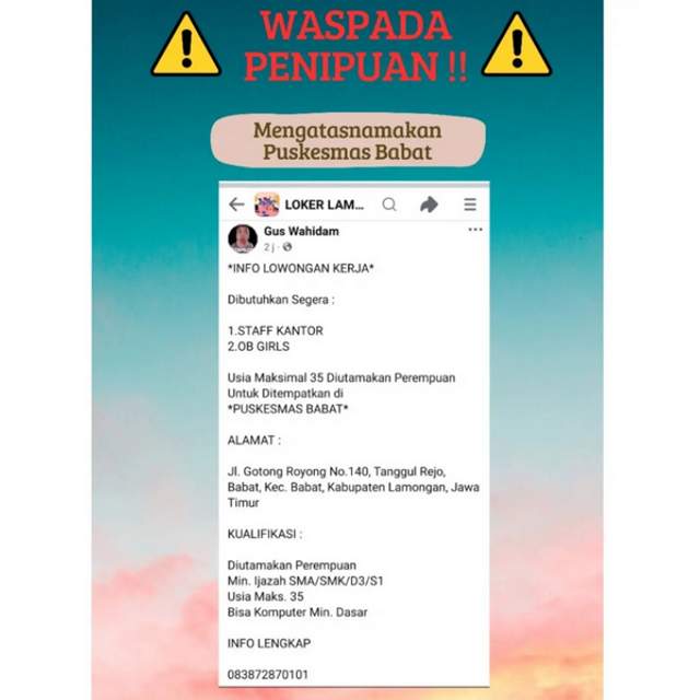 Hoaks Informasi Lowongan Pekerjaan di Puskesmas Babat